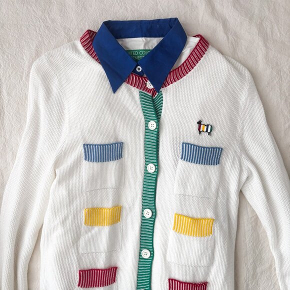 United Colors of Benetton Rainbow Pocket Cardigan XS White Cotton Sheep Logo - Picture 14 of 14